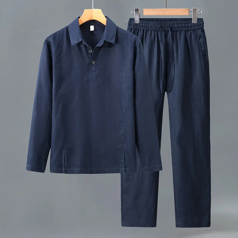 Camisa de Linho Pura de Manga Longa para Homens, Camiseta Leve e Respirável, Conjunto de Calças Casuais de Linho para Primavera e Outono