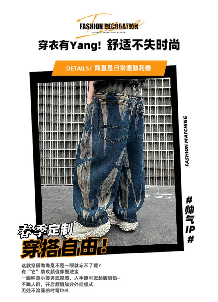 Crianças graffiti jeans meninos primavera e outono 2025 novas crianças adolescentes bonito meninos perna reta solta calças de perna larga