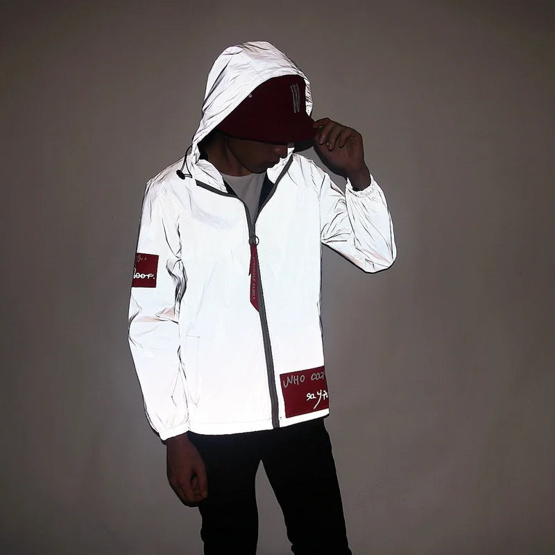 Jaqueta reflexiva completa masculina casual feminino blusão hip hop casaco com capuz à prova dwaterproof água impresso streetwear noite jaquetas brilhantes 5xl