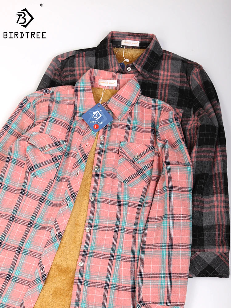 Camisa Xadrez Feminina de Veludo Grossa e Quente, Blusa Casual de Manga Longa com Forro de Lã para Inverno, Tamanhos M-5XL, Roupa de Outono T77710A