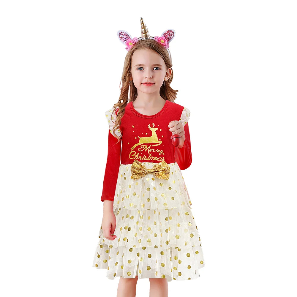 DXTON-Girls' Sequin Elk Dress, Roupa de Criança, Princess Party Dress, Manga Voadora, Inverno, Natal, Ano Novo, Bebé, 2022
