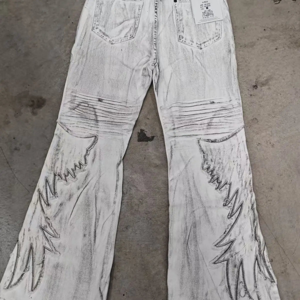 Calças Femininas Americanas Retrô Hot Girl Tie-Dye de Cintura Alta Boca de Sino Slim Rasgadas Novas de Outono e Inverno Lavadas Casuais
