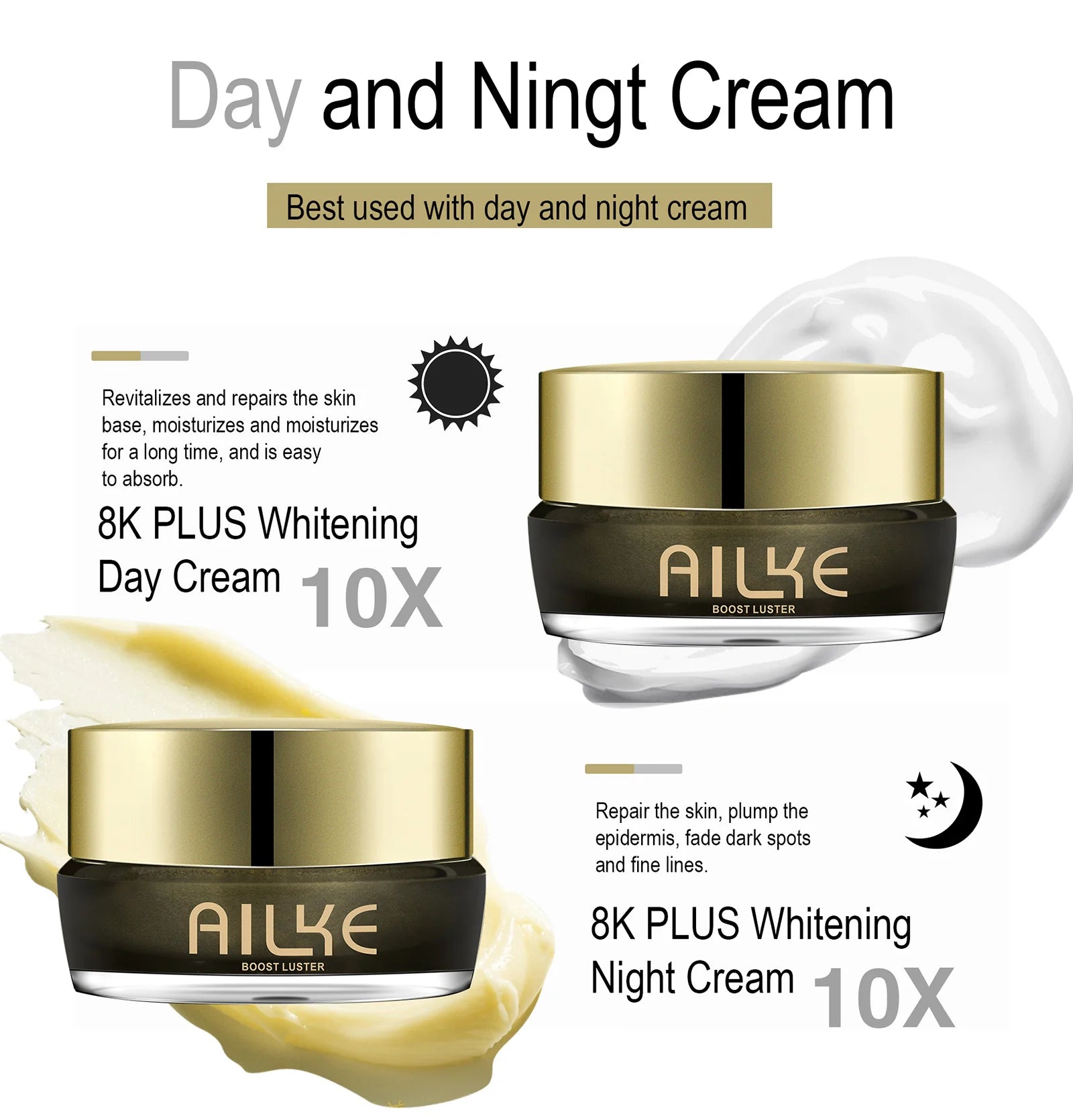 Creme facial clareador AILKE, reduz manchas escuras, rugas, melanina, mesmo tom de pele, com colágeno, glutationa, para todos os tipos de pele