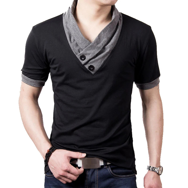 Novas Camisetas Masculinas Plus Size de Verão 2026, Moda Slim, Manga Curta, Patchwork, Decote em V, Camiseta Preta de Algodão para Homens