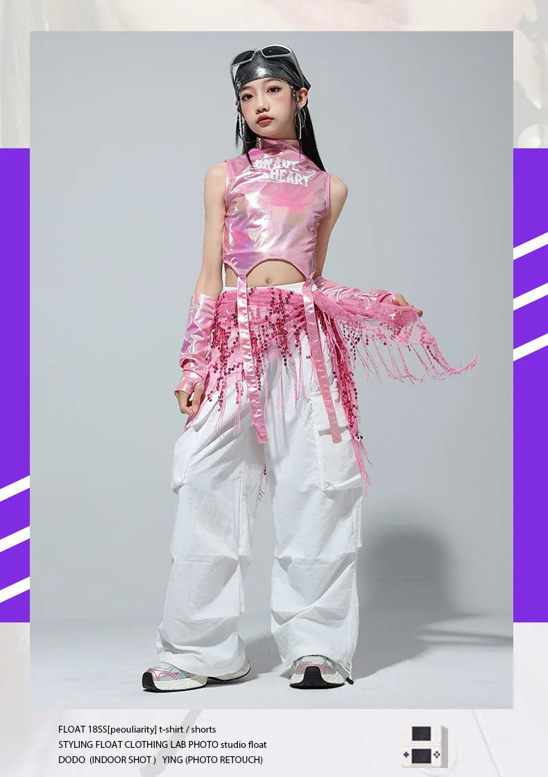 Meninas k-pop brilhante colheita superior calças de carga shorts de dança de rua crianças hip hop jazz conjuntos de roupas crianças streetwear menina grupo traje