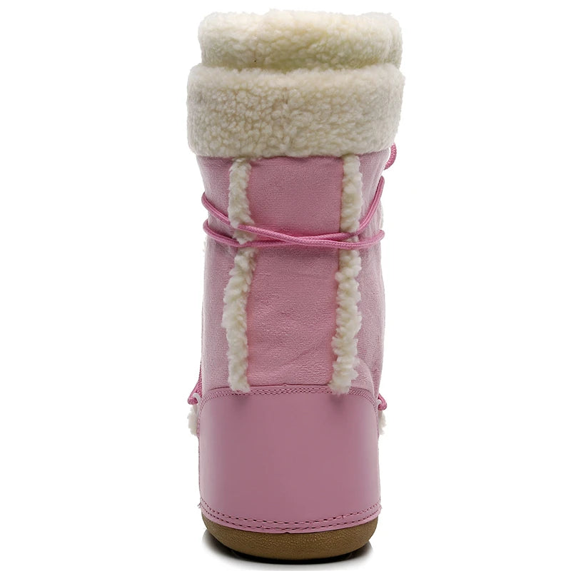 Botas de inverno rosa botas de neve femininas sola grossa botas de esqui quentes meados de bezerro botas de espaço antiderrapantes sapatos de algodão navio livre