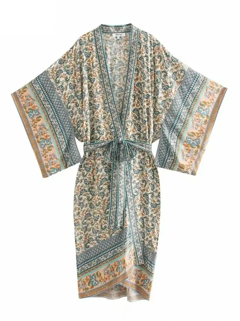 Vintage chique feminino floral impressão batwing manga praia boêmio quimono vestido senhoras com decote em v verão boho robe cover-ups vestidos