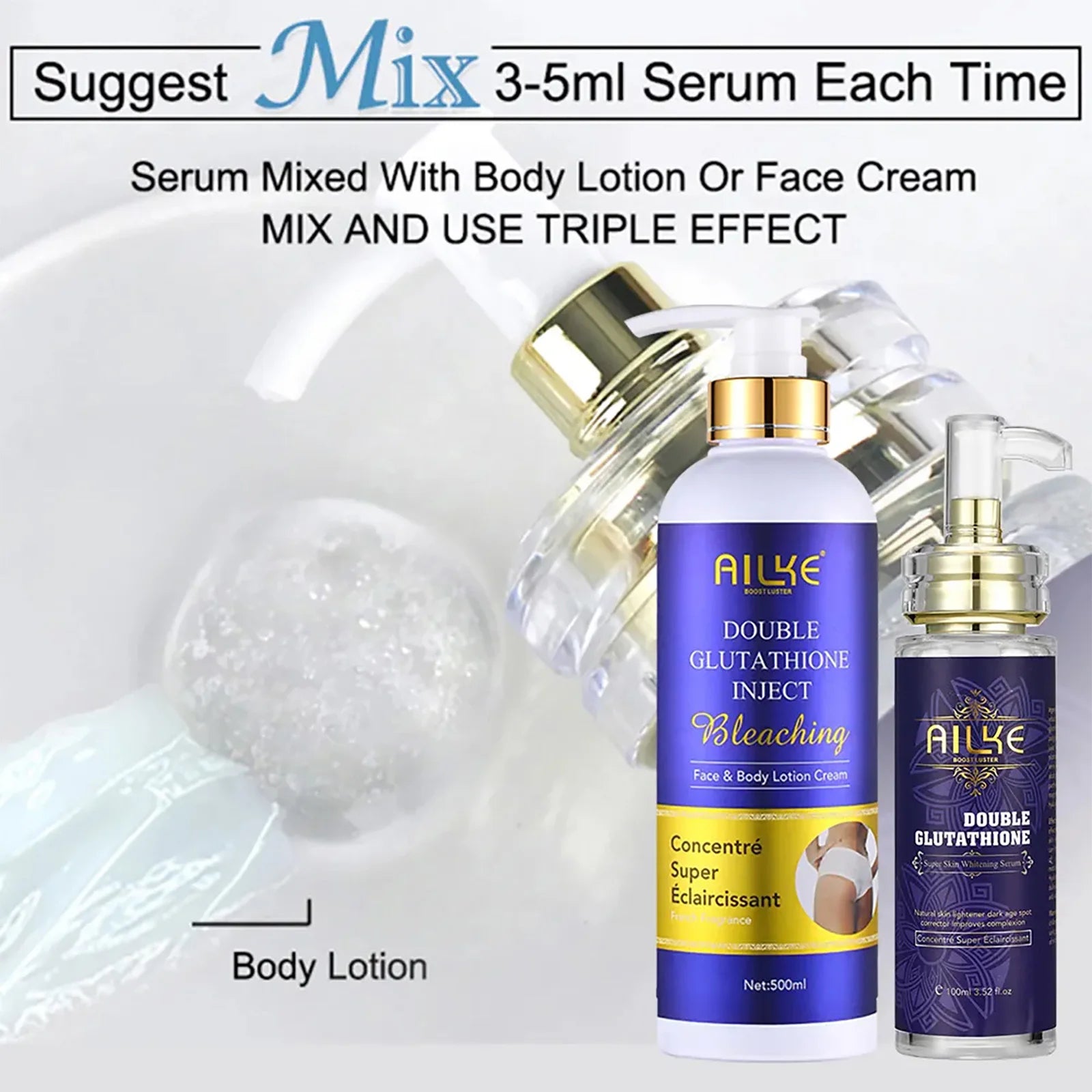 AILKE Clareador de cuidados com a pele, com glutationa dupla, clareador, hidratante, remove manchas escuras, melanina, cuidados faciais brilhantes da pele