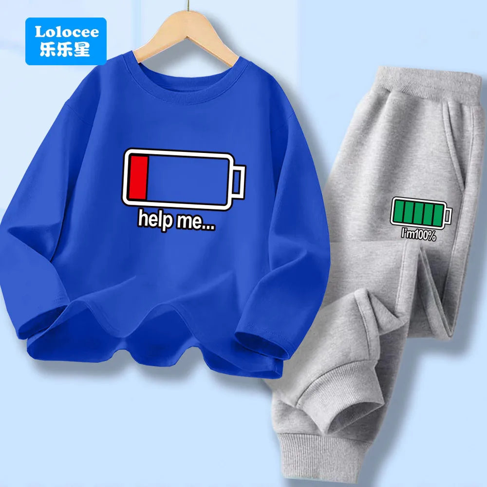 Outono criança menino manga longa 2 pçs conjunto de roupas crianças engraçado bateria carta impressa camiseta pulôver topo e calças fatos de treino dcw1
