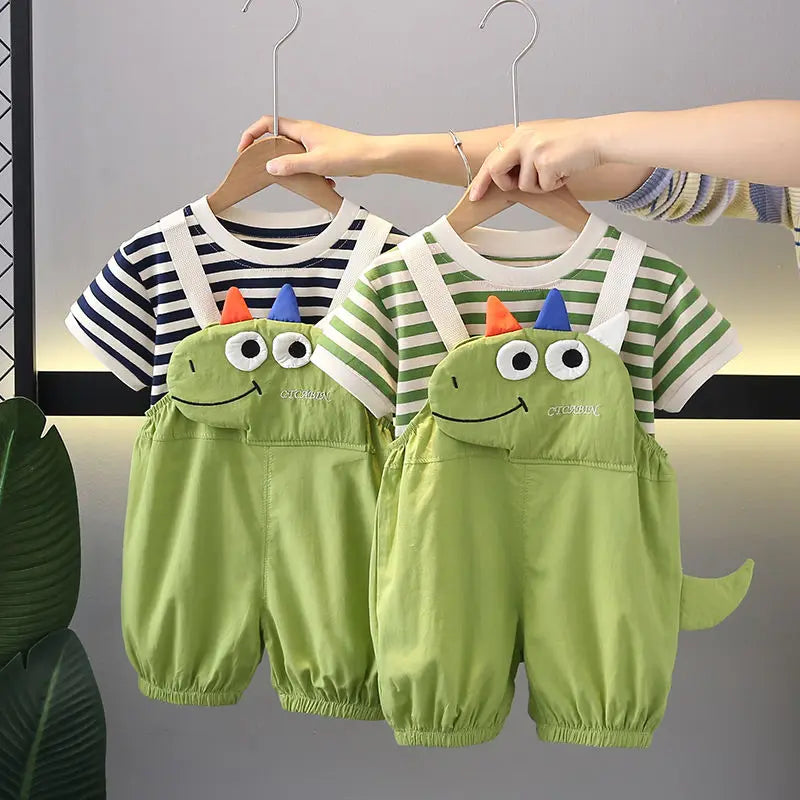 Verão crianças meninos roupas da criança casual dinossauro roupas tiras t camisa dos desenhos animados babador calças curtas 2 pçs/set crianças terno conjuntos