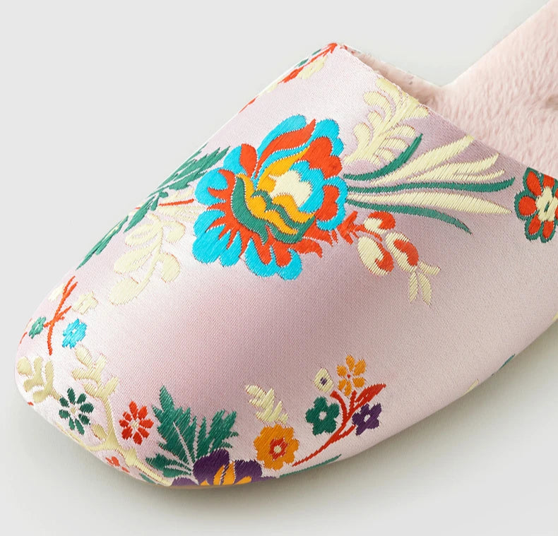 Chinelos de casa femininos homens inverno calor chinelos interiores senhoras sapatos bordados flor chinelos para mulher sapatos de casa