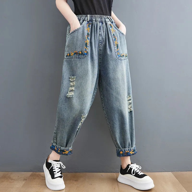 Jeans de namorado de cintura alta para mulheres, streetwear vintage, básico bordado floral, calças jeans femininas harém, novo, primavera, B3782, 2024