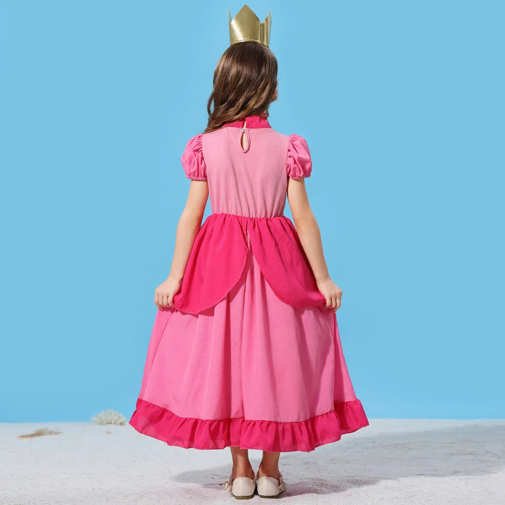 Pêssego rosalina vestido meninas margarida cosplay roupas crianças halloween vestir-se roupas de verão rendas applique princesa traje
