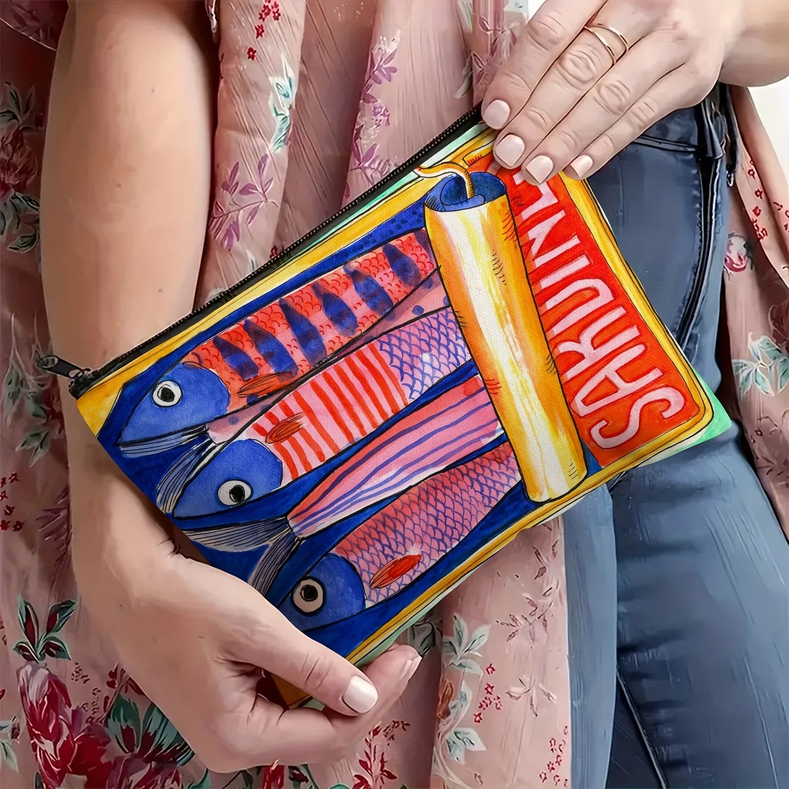 Bolsa de maquiagem com zíper resistente ao desbotamento durável - Organizador de viagem multifuncional com design retrô de sardinas para cosméticos, lanches, moedas