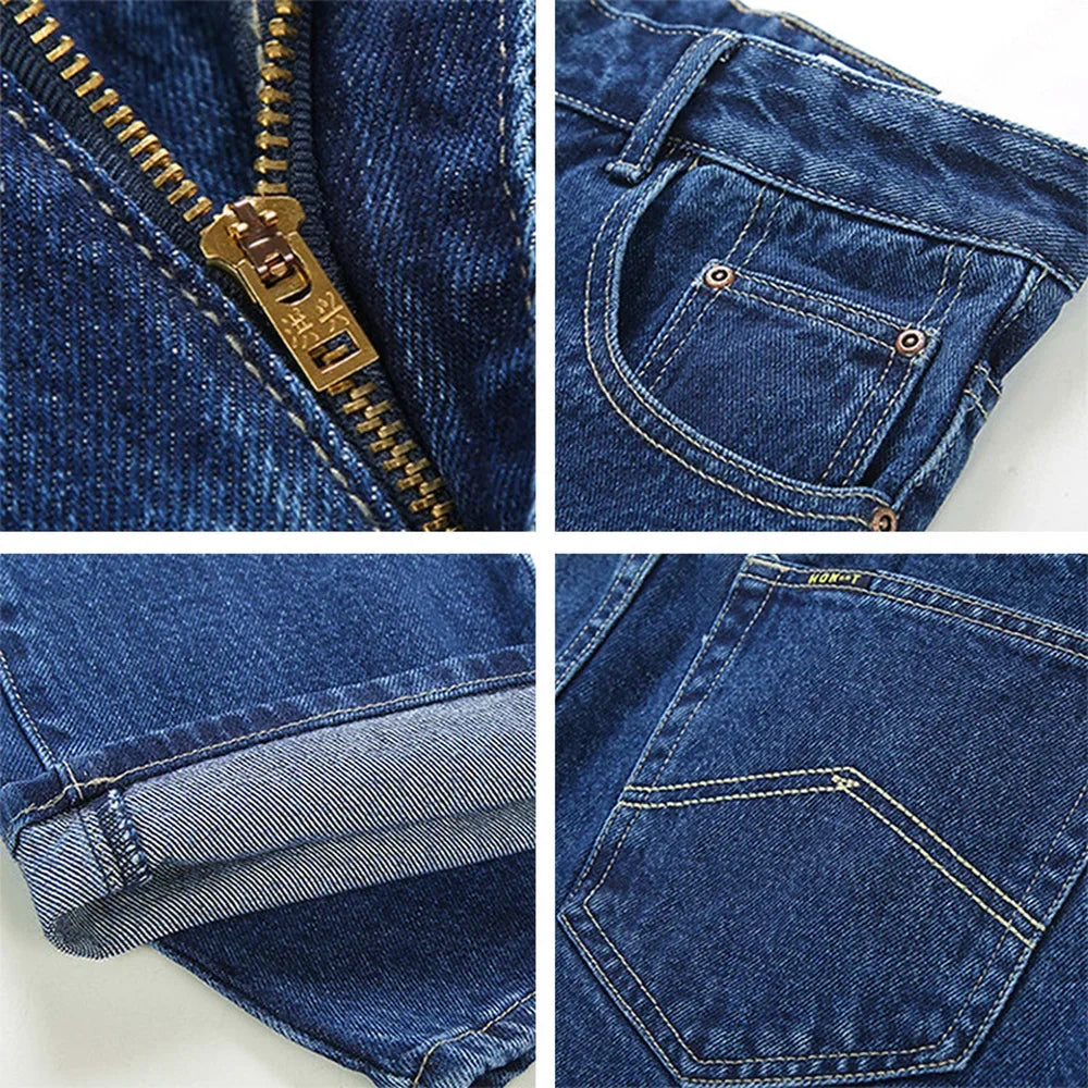 Homens de negócios jeans clássico primavera outono masculino algodão em linha reta estiramento marca denim calças verão macacão fino ajuste 2021