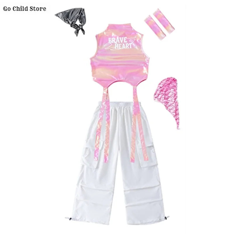 Meninas k-pop brilhante colheita superior calças de carga shorts de dança de rua crianças hip hop jazz conjuntos de roupas crianças streetwear menina grupo traje