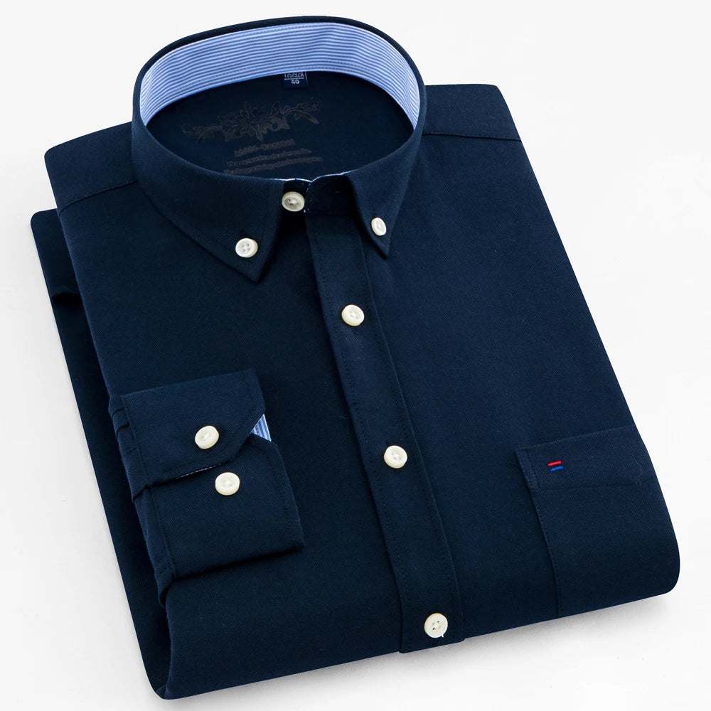 Camisa casual de trabalho listrada xadrez oxford de manga comprida masculina com bolso, camisas de botão de ajuste regular de mistura de algodão primavera outono