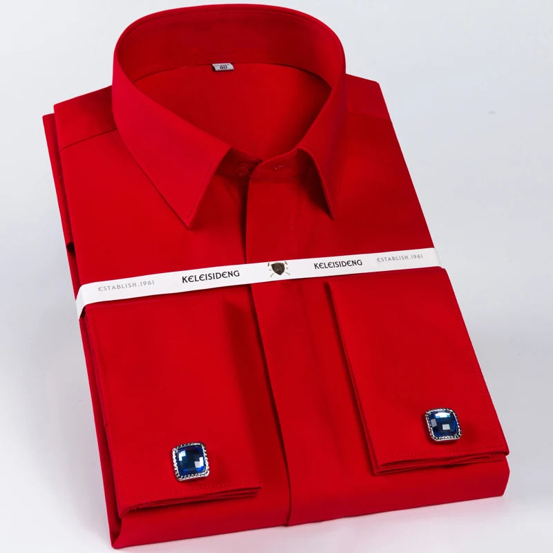 Camisa masculina clássica com punho francês, botão oculto, manga comprida, formal, ajuste padrão, camisas brancas (abotoaduras incluídas)
