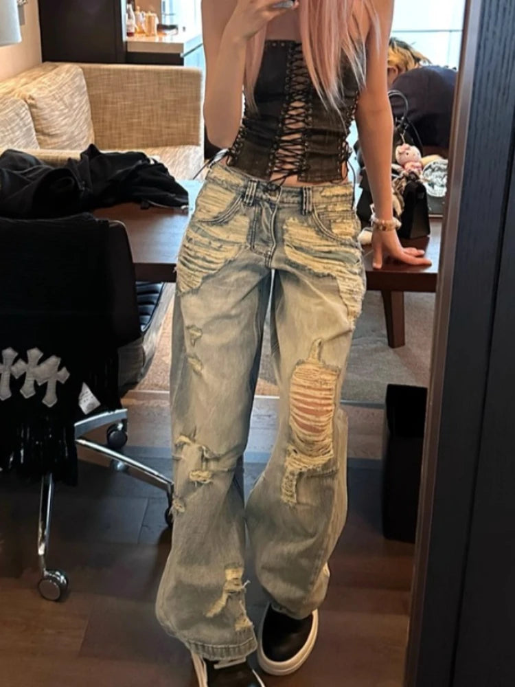 High street hottie vintage buraco jeans feminino y2k moda cintura alta baggy calças de perna larga 2025 casual jeans soltos