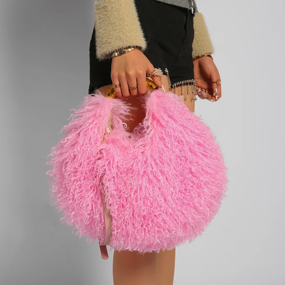 Moda feminina longa pele lã saco praia falso lã pele bolsa de ombro senhoras peles falsas bolsa luxo mongol ovelhas sacos de pelúcia