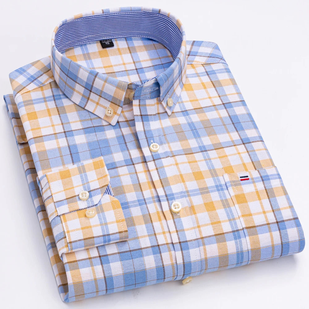 Camisas de vestido de algodão com design de gola de lapela listrada xadrez na moda masculina, camisa casual de manga comprida com botões para primavera/outono