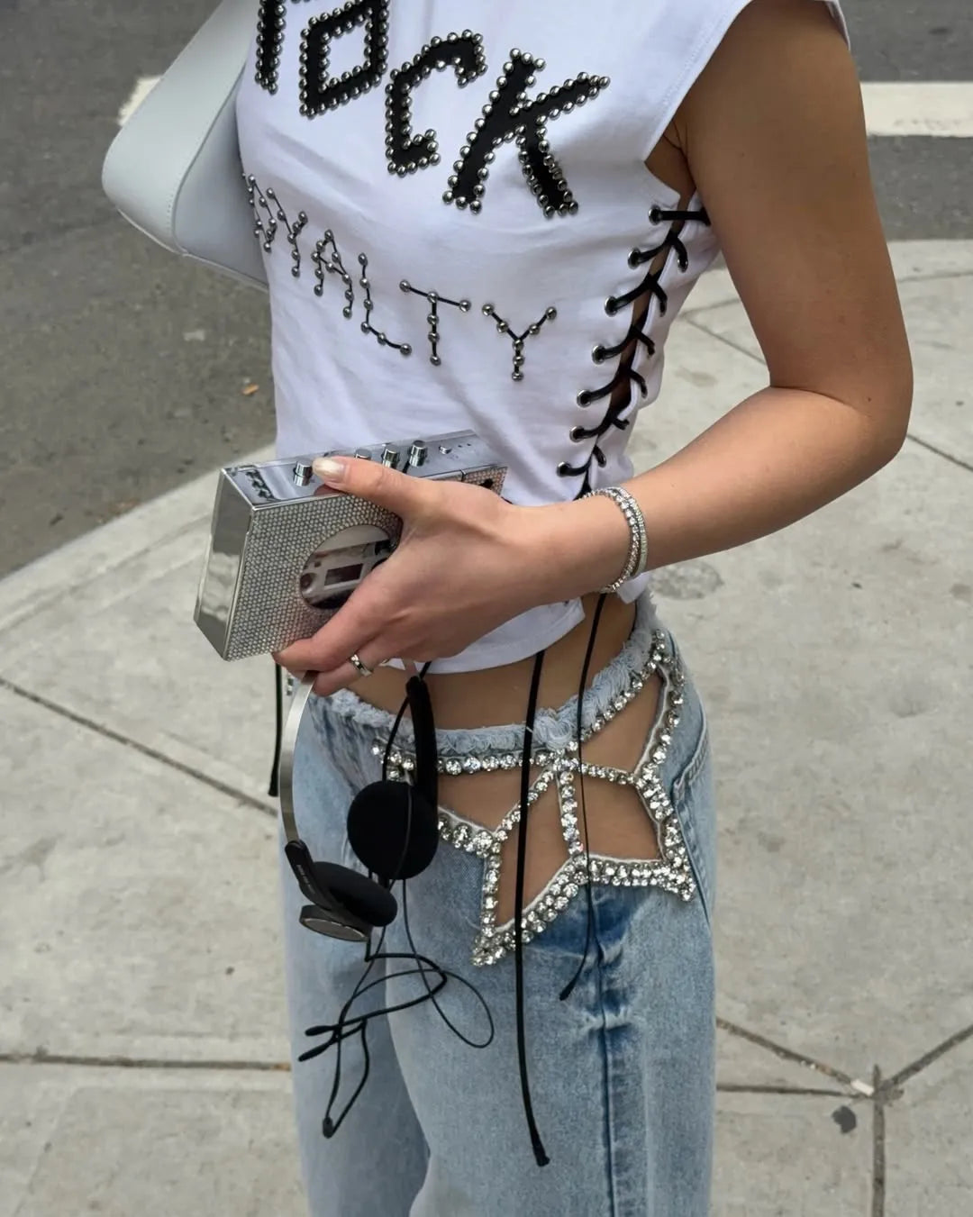 Calça Jeans Feminina Y2K Chic com Estrelas e Diamantes, Cintura Baixa, Recortes Laterais, Perna Larga Solta, Estilo Hip-Hop Streetwear Retrô Elegante