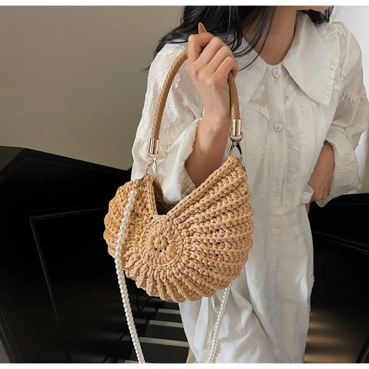Criativo concha em forma de crochê feminino ombro sacos engraçado bonito pérolas correntes artesanal tecer crossbody saco novidade pequenas bolsas