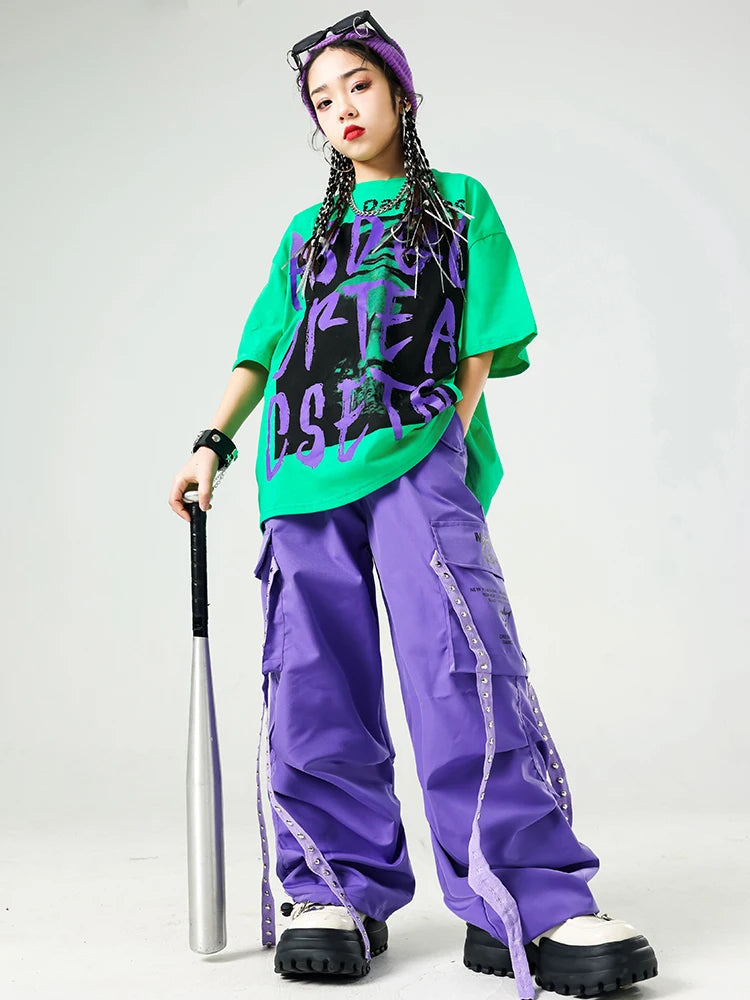 Conjunto de camiseta e calças infantis legais, trajes de jazz, Hip Hop Streetwear, roupas femininas, moda feminina, corredores de rua, colete infantil