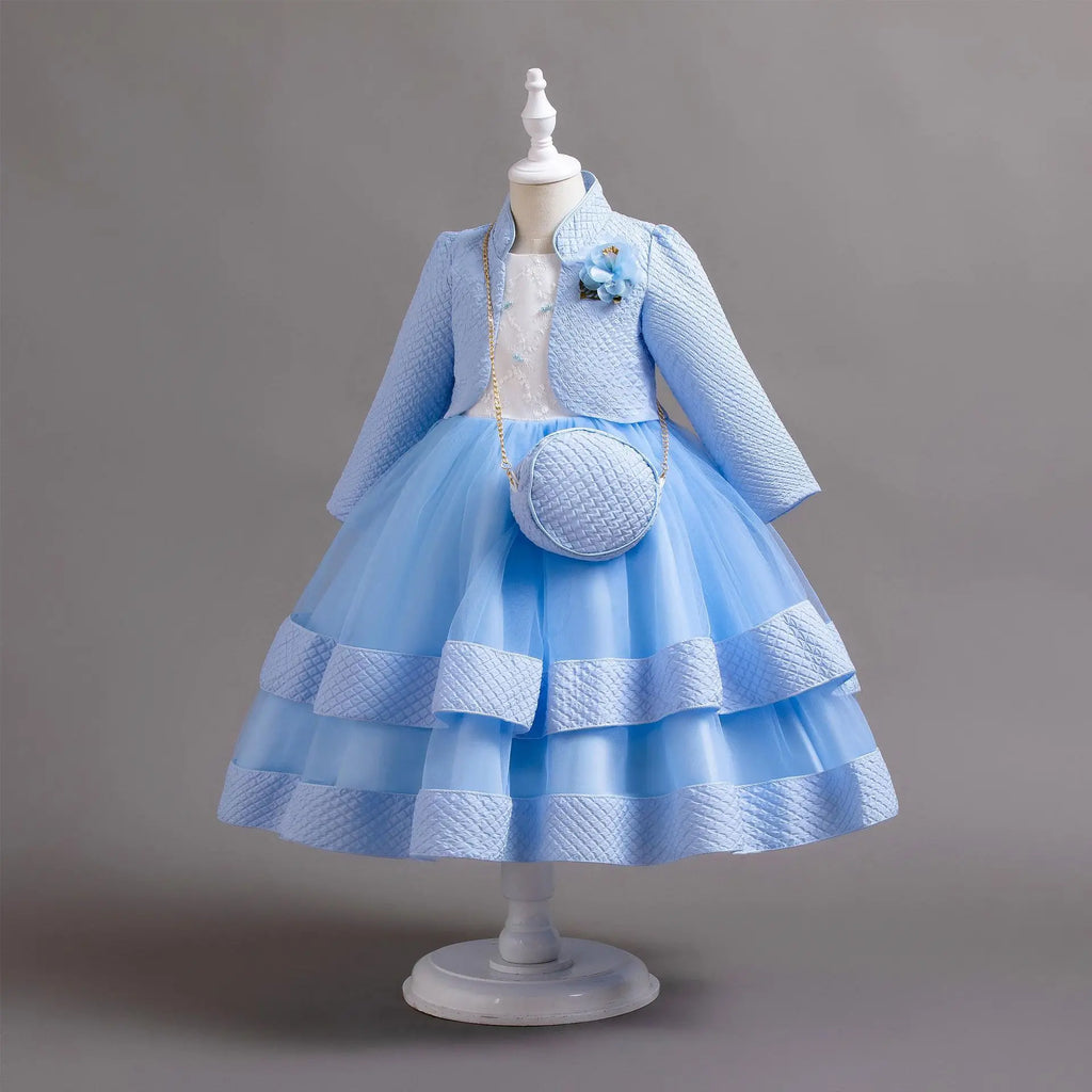 Novo outono/inverno vestido de festa de manga longa elegante menina bordado vestido de desempenho de natal saco de presente para crianças de 3 a 11 anos