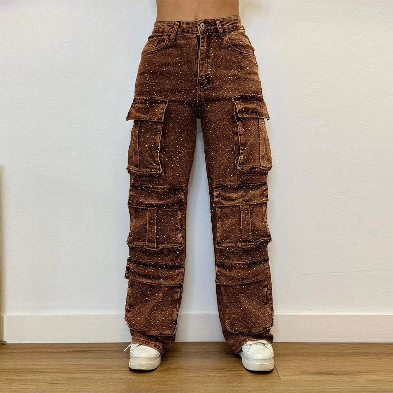 Cpsymym jeans de trabalho feminino com broca brilhante chique vários bolsos botão de cintura alta feminino jean primavera verão y2k senhora streetwear