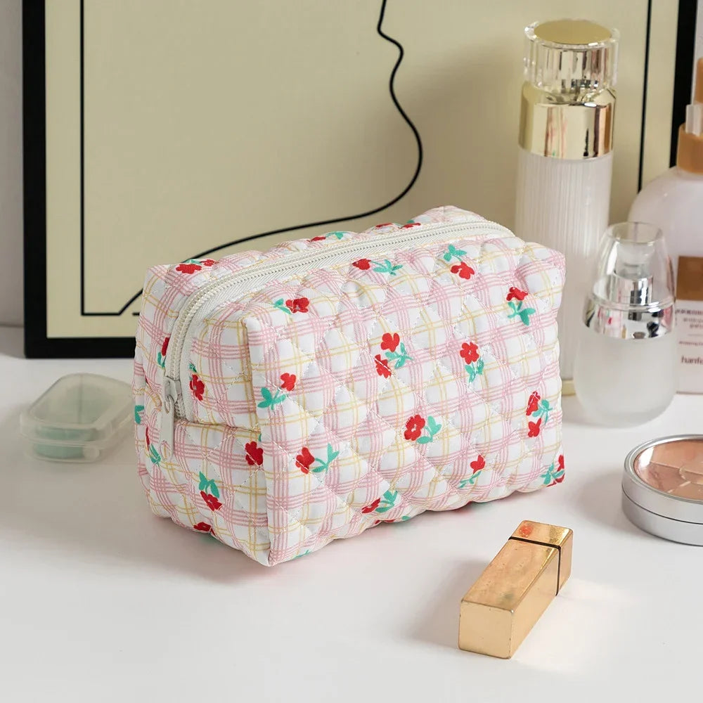 Sacos de maquiagem florais acolchoados com zíper bonito impressão flor organizador de armazenamento acessório de maquiagem saco de higiene pessoal grande saco de cosméticos feminino
