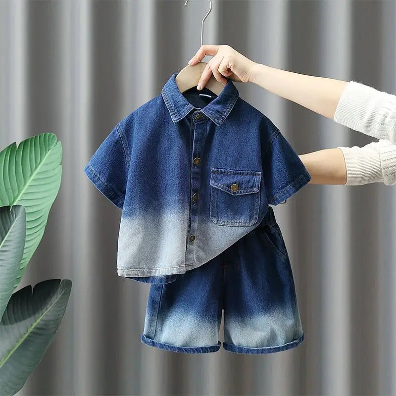 Conjunto de roupas infantis de verão para bebês, meninos, camisa de manga de algodão + shorts jeans, 2 peças, roupas infantis de 1 2 3 4 5 6 7 anos
