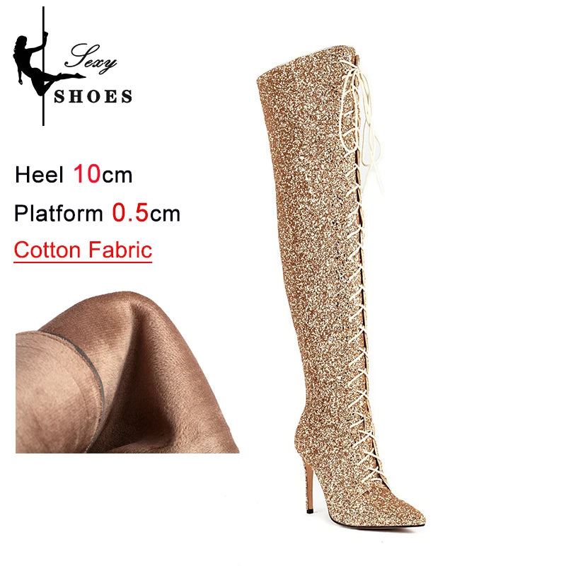 Botas femininas de lantejoulas acima do joelho, salto alto fino, botas longas pontiagudas, sapatos de festa para senhora, moda boate, 10cm, outono e inverno