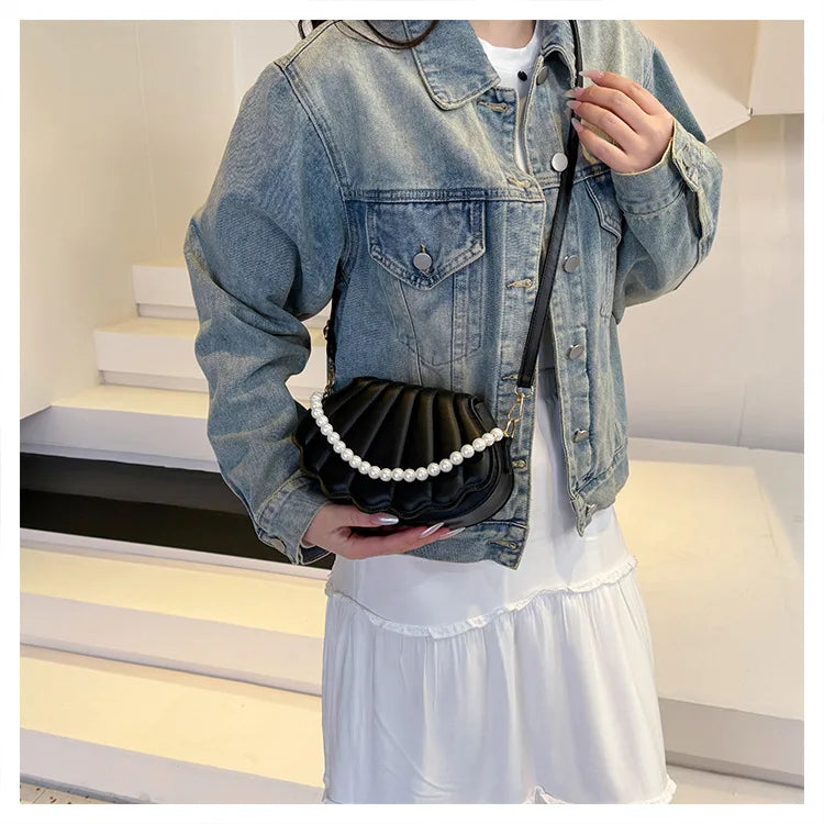 Francês pérola corrente bolsa feminina concha moda bolsa de ombro couro do plutônio bolsa embreagem novidade sólido chique hobo saco pequena mochila