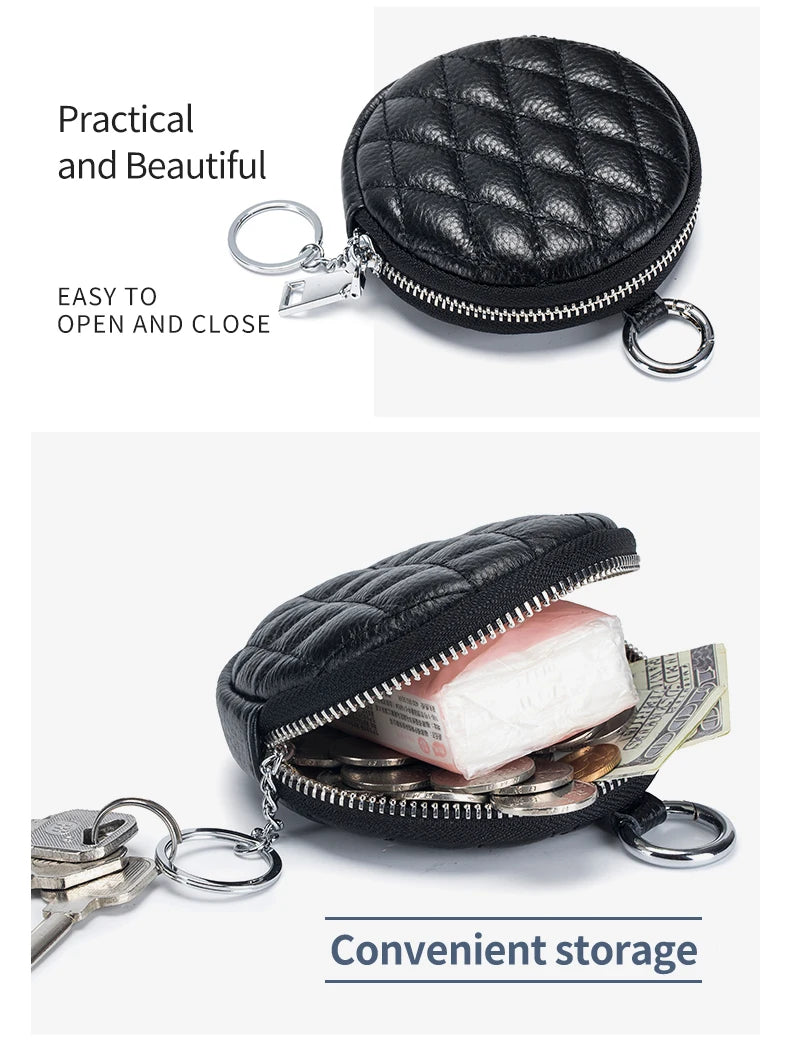 Mini porta-moedas de couro real para mulheres, carteira de costura de diamante mini organizador, bolsa de dinheiro pequena para chaves e fone de ouvido