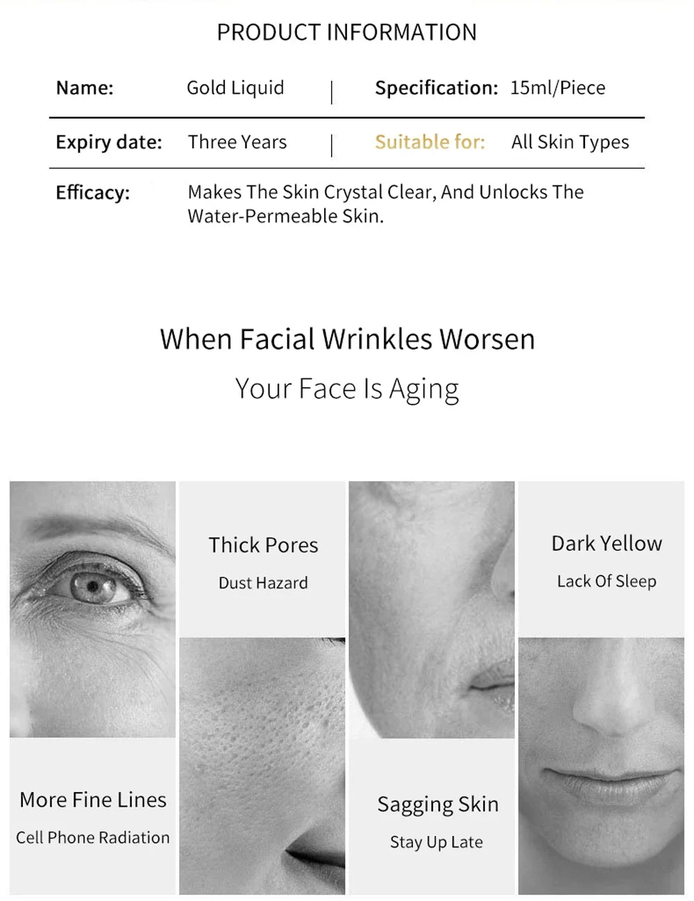 Fios solúveis de lifting facial, colágeno, essência facial, peptídeo de proteína, fio de seda dourada, soro facial para anti-envelhecimento, pele firmadora