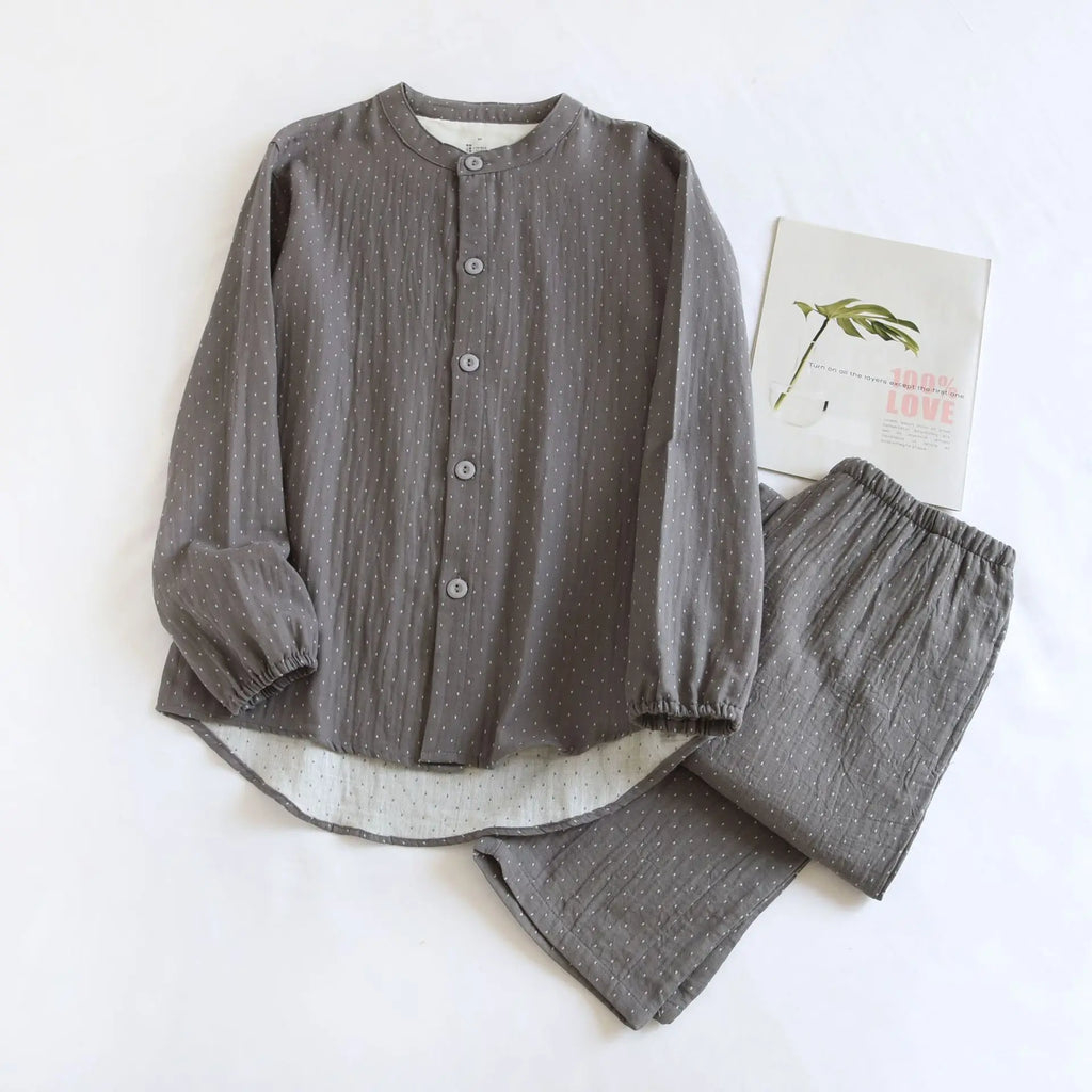 Algodão feminino polka dot pijama define fio-tingido gaze manga longa calças loungewear casual simples pijamas em torno do pescoço nightwears
