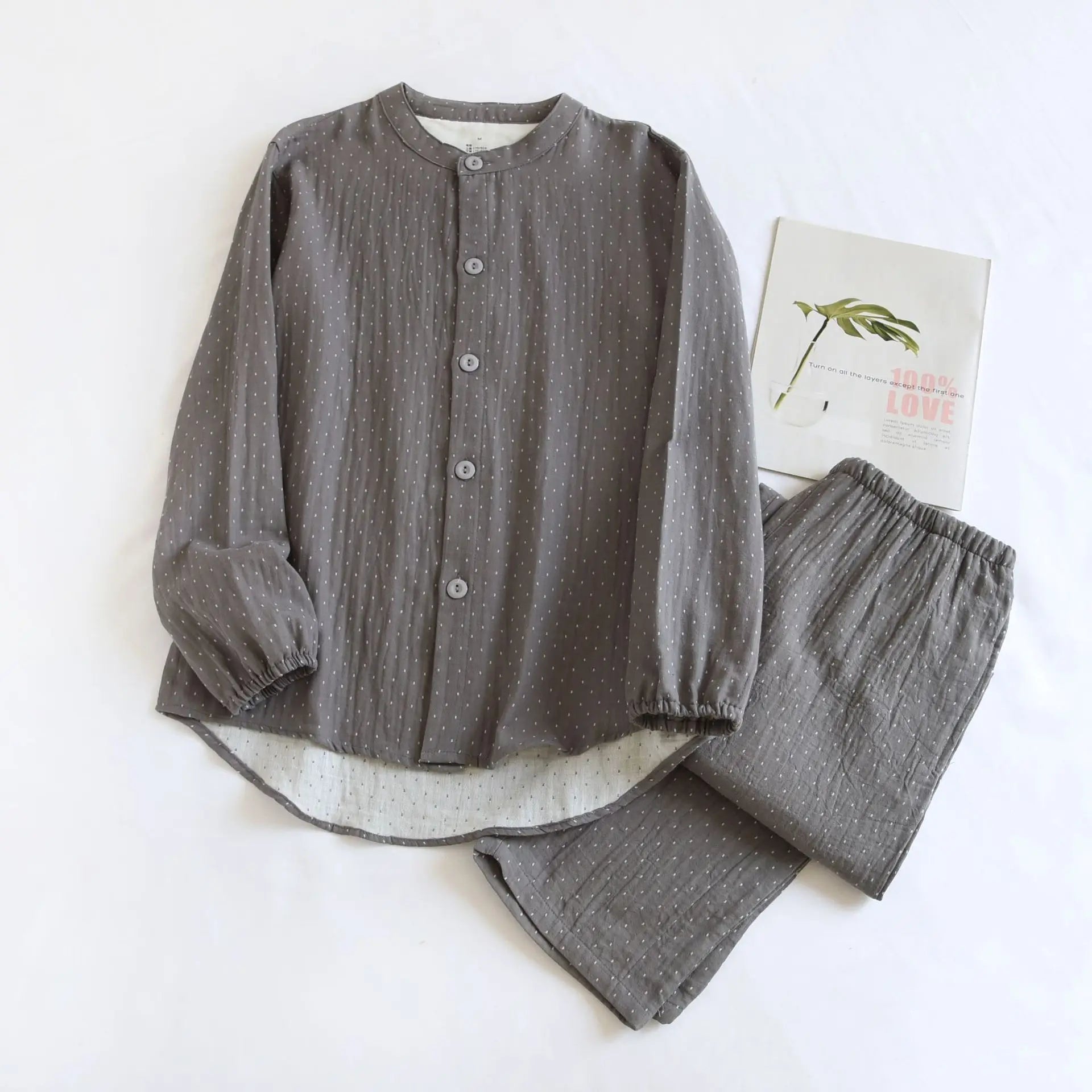 Algodão feminino polka dot pijama define fio-tingido gaze manga longa calças loungewear casual simples pijamas em torno do pescoço nightwears