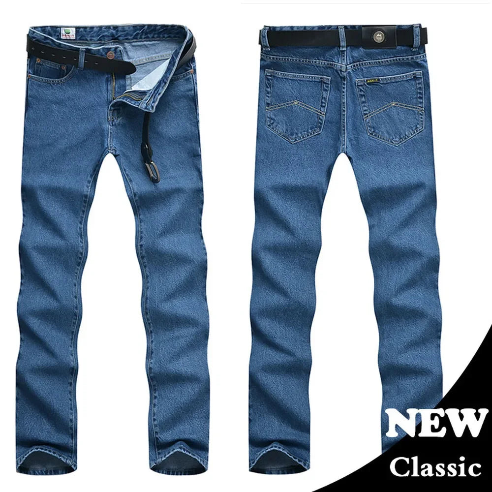 Homens de negócios jeans clássico primavera outono masculino algodão em linha reta estiramento marca denim calças verão macacão fino ajuste 2021