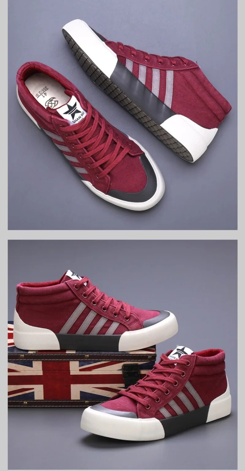 Sapato de lona respirável casual masculino, tênis de cano alto, sapato vulcanizado com renda, sapatilha antiderrapante, na moda