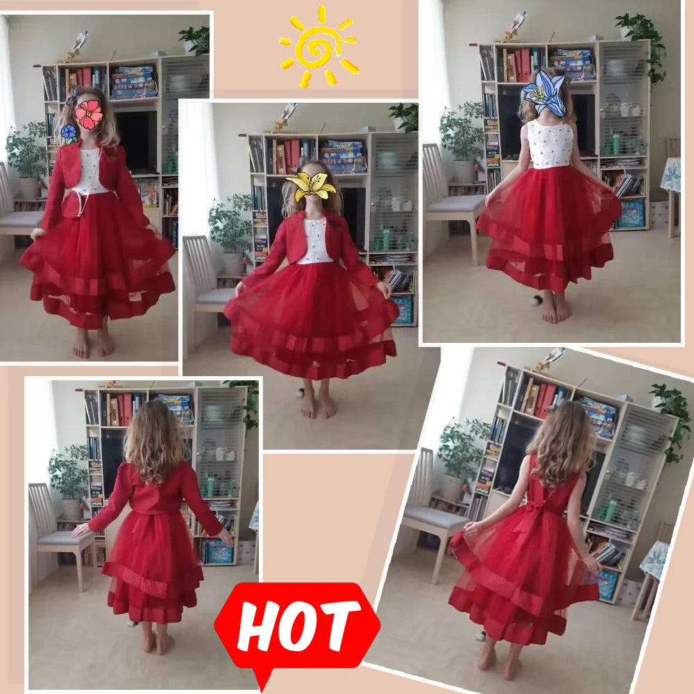 Novo outono/inverno vestido de festa de manga longa elegante menina bordado vestido de desempenho de natal saco de presente para crianças de 3 a 11 anos