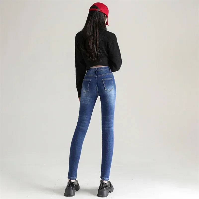 Inverno senhora térmica quente jeans de pelúcia magro estiramento jeans senhora fino ajuste lápis calças meninas perna reta denim