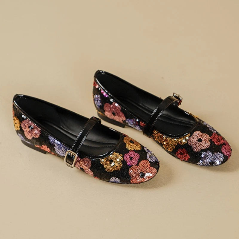 Luxo bling ballet flats feminino dedo do pé redondo colorido floral fivela design mary jane sapatos elegantes sapatos de festa conforto sandálias planas