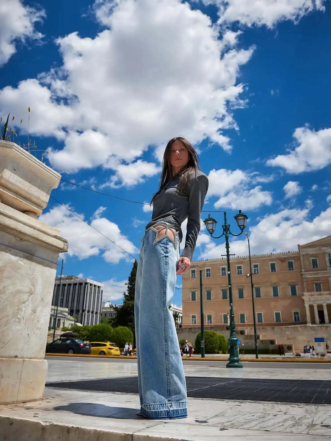 Calça Jeans Feminina Y2K Chic com Estrelas e Diamantes, Cintura Baixa, Recortes Laterais, Perna Larga Solta, Estilo Hip-Hop Streetwear Retrô Elegante