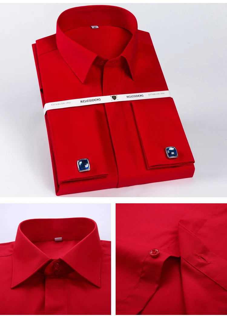 Camisa masculina clássica com punho francês, botão oculto, manga comprida, formal, ajuste padrão, camisas brancas (abotoaduras incluídas)