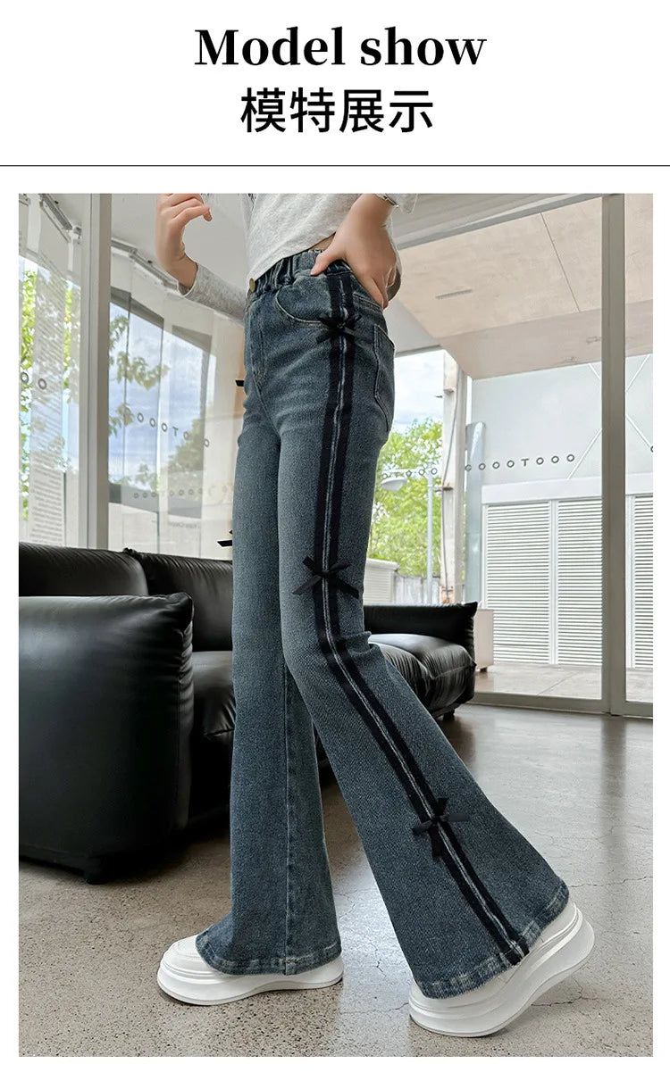 Crianças inverno fino ajuste bootcut flanela forrado jeans para meninas elegante isolado queimado calças jeans crianças calças térmicas quentes