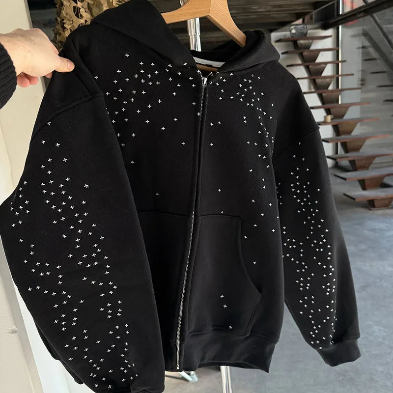 Outono inverno americano hip hop vintage manga comprida moletom com capuz gótico escuro cruz apliques decorado zíper cardigan casaco de rua alta