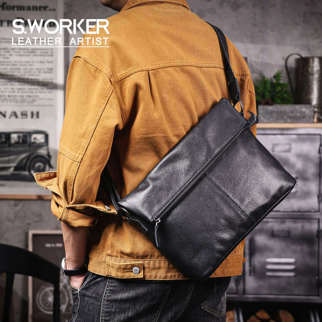 Bolsa de Ombro Masculina em Couro Genuíno, Bolsa Transversal para Laptop, Couro Bovino de Camada Superior, Couro Vegetal, Moda Casual