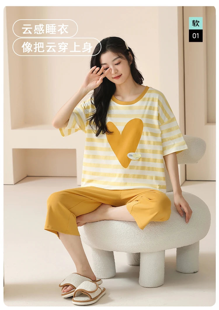 SUKAE-Conjunto de Pijamas dos desenhos animados das mulheres, 100% algodão, calça curta na altura do joelho, pijamas, capris loungewear, pijamas de verão, M-4XL
