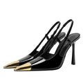 Novo verão sandálias femininas de salto alto ouro cabeça de ferro couro patente preto stiletto cabeça quadrada dedo do pé fechado estilingue volta sapatos